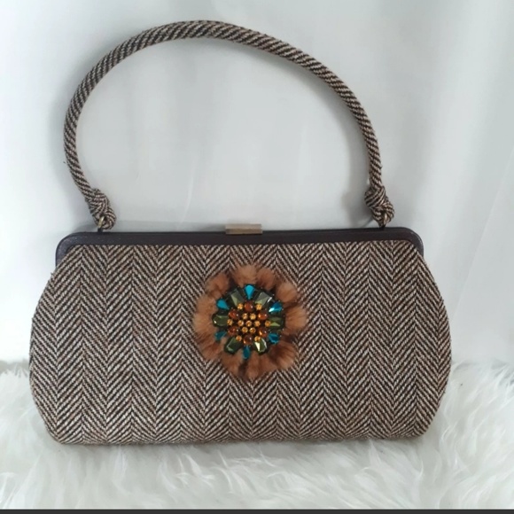 Anthropologie Handbags - Anthropologie Ipa Nima Brown Tweed Jeweled Handbag
